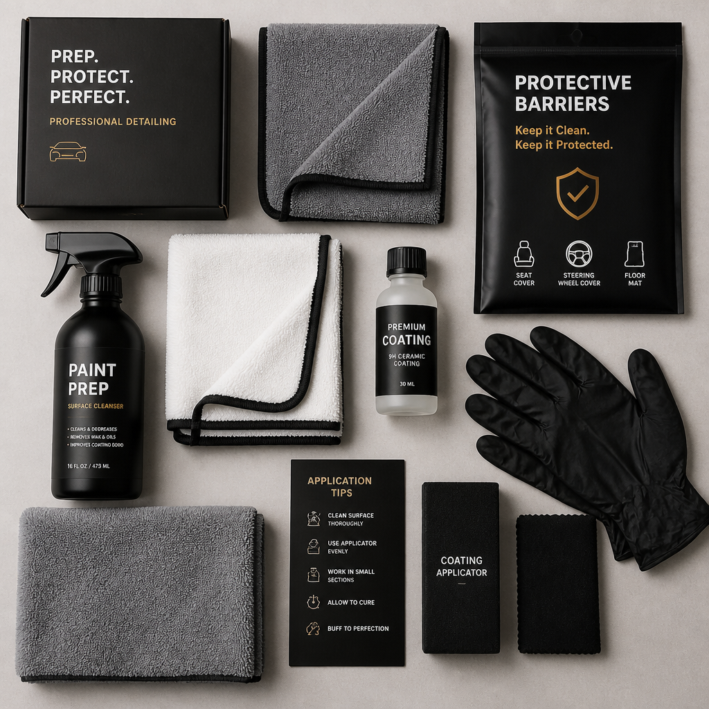 Professional ceramic coating and paint prep materials arranged in organized workspace