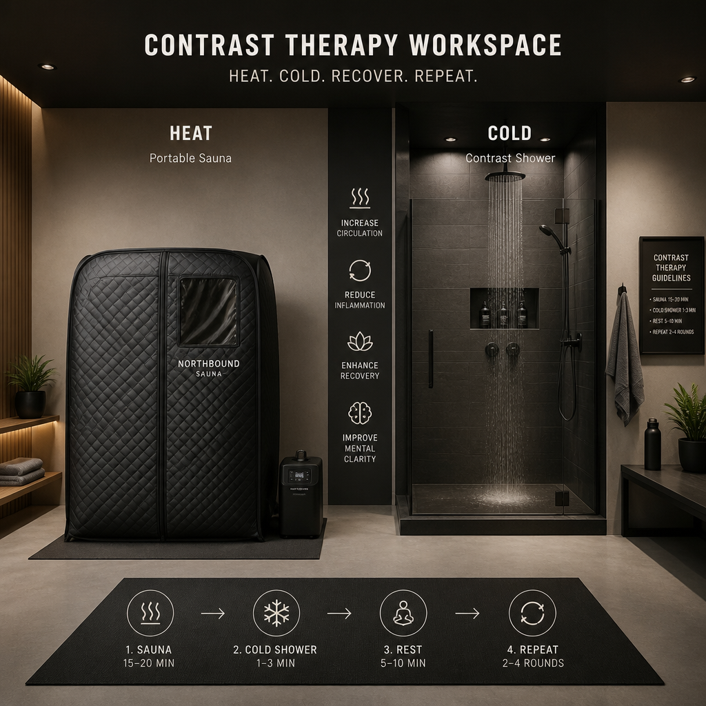 Integrierter Regenerationsbereich mit mobiler Sauna und Kontrasttherapie