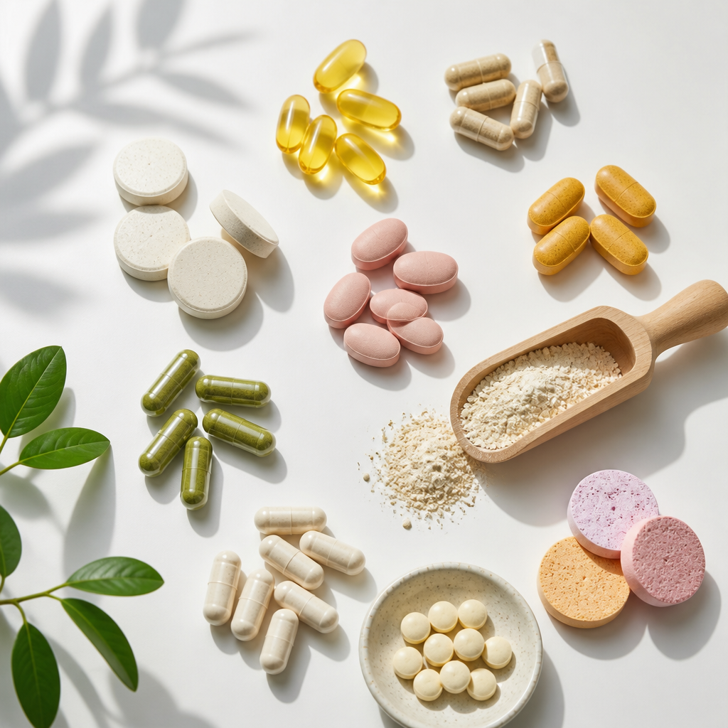 Assorted multivitamin supplement forms arranged in a flat lay composition