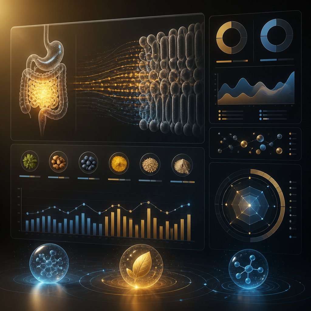 Abstract digital wellness data visualization with nutrient absorption metrics