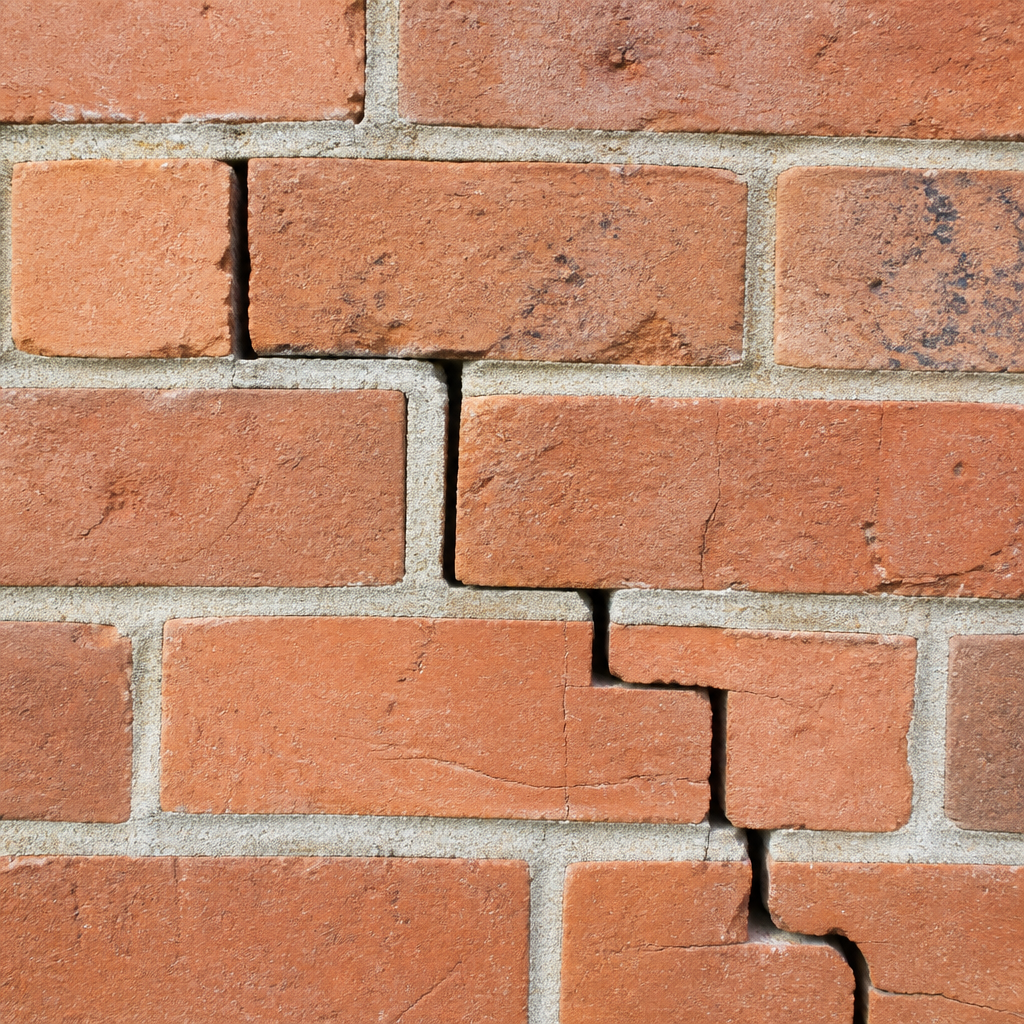 Gros plan d'une fissure en escalier dans une maçonnerie de briques, suivant les joints de mortier en motif diagonal caractéristique.