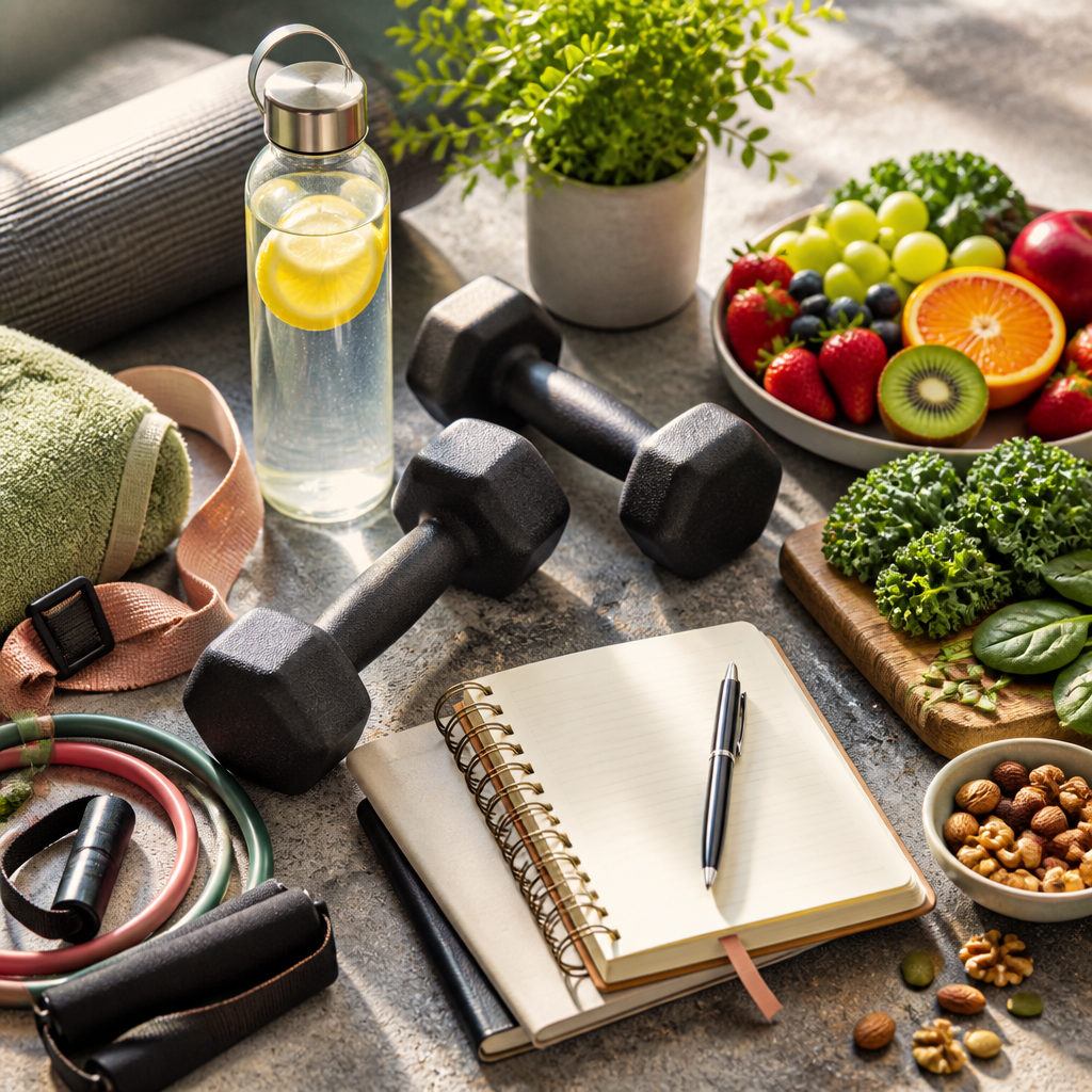 Training environment with fitness equipment and nutritious whole foods