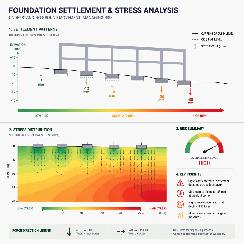 Infographie abstraite montrant les patterns de tassement des fondations et la distribution des contraintes structurelles avec des dégradés de couleur.