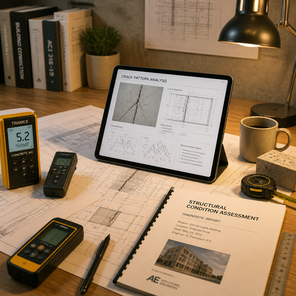 Espace de travail d'expert en diagnostic structurel avec outils de mesure, rapports d'expertise et plans architecturaux sur le bureau.