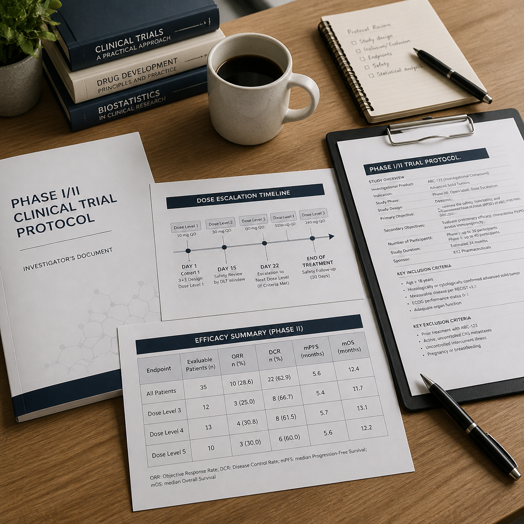 Research protocol documents and trial guidelines organized on a workspace desk