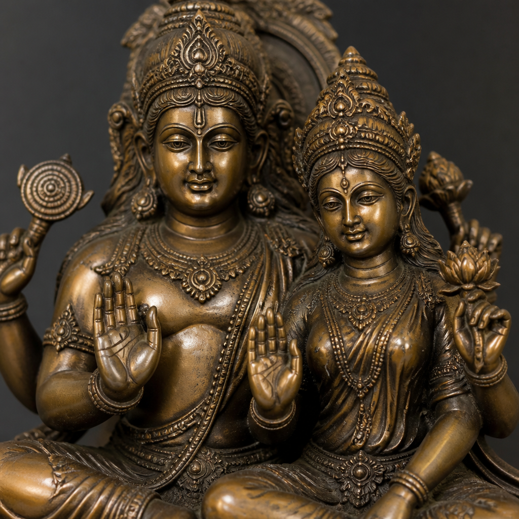 Detailed view of carved hand gestures and symbolic attributes on a bronze consort sculpture