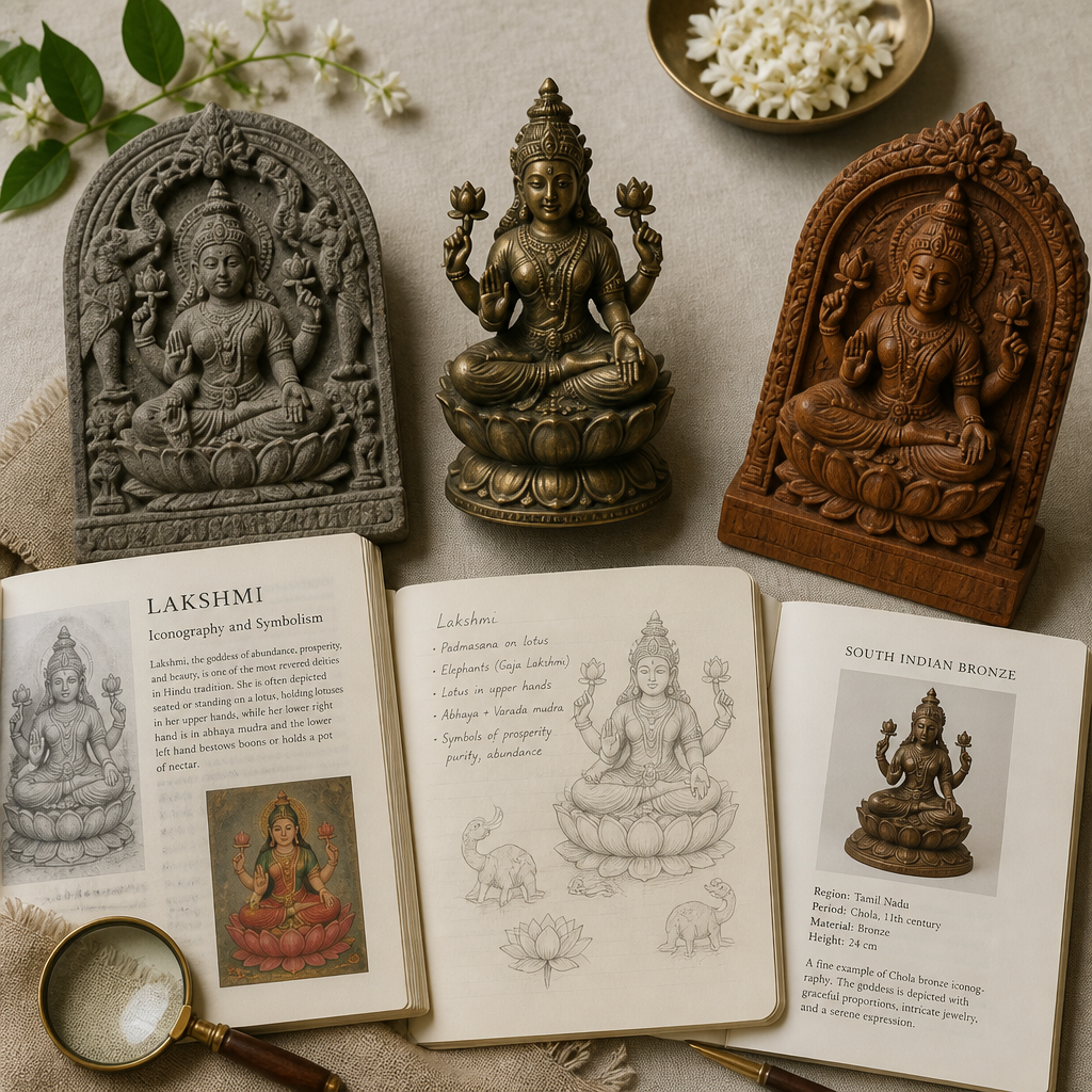 Curated collection of various Lakshmi and Vishnu sculptures and reference materials arranged as a collector's display