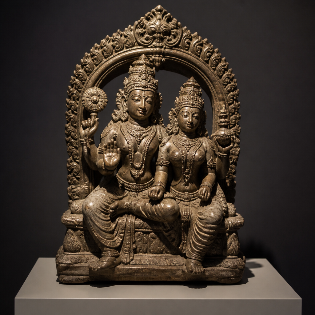 Lakshminarayana consort sculpture displayed with museum lighting highlighting iconographic details and regional artistic style