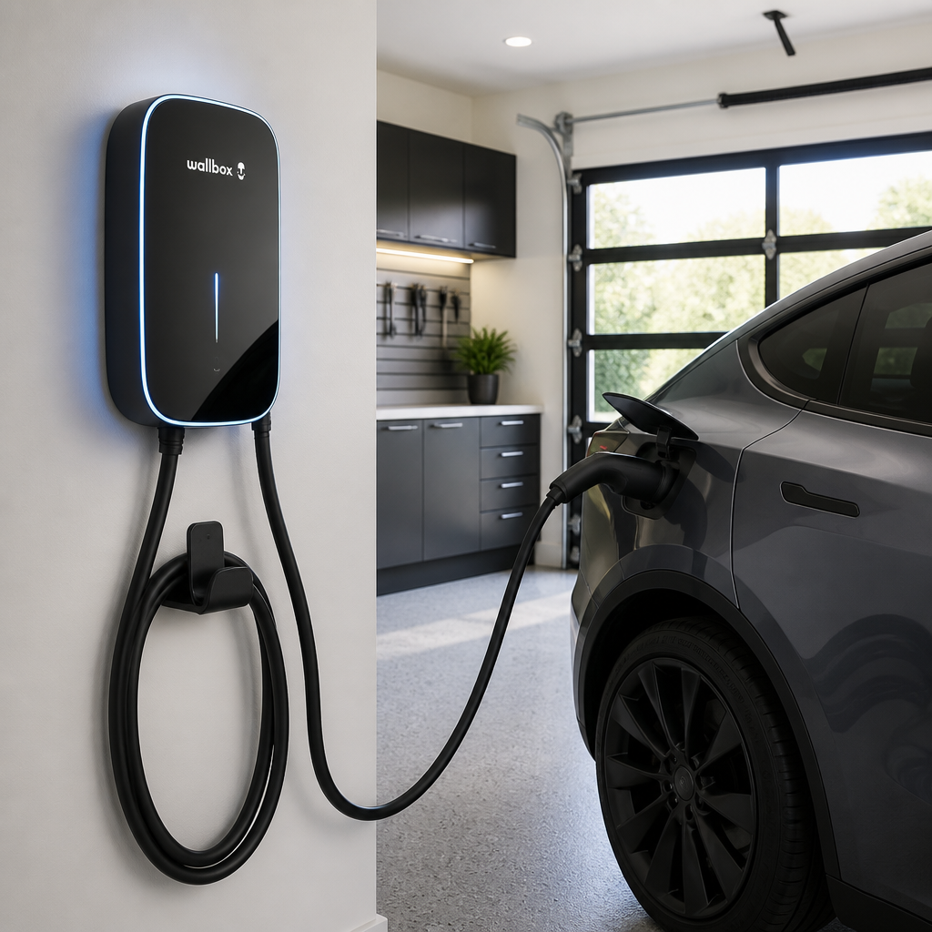 Wall-mounted EV charger installed in a residential garage beside an electric vehicle