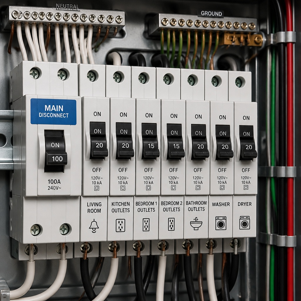 Residential electrical panel with circuit breakers and wiring infrastructure