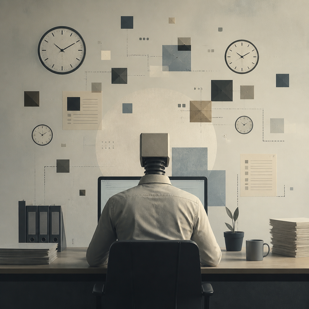 Minimalist workspace illustration depicting autopilot work and emotional disconnection from career