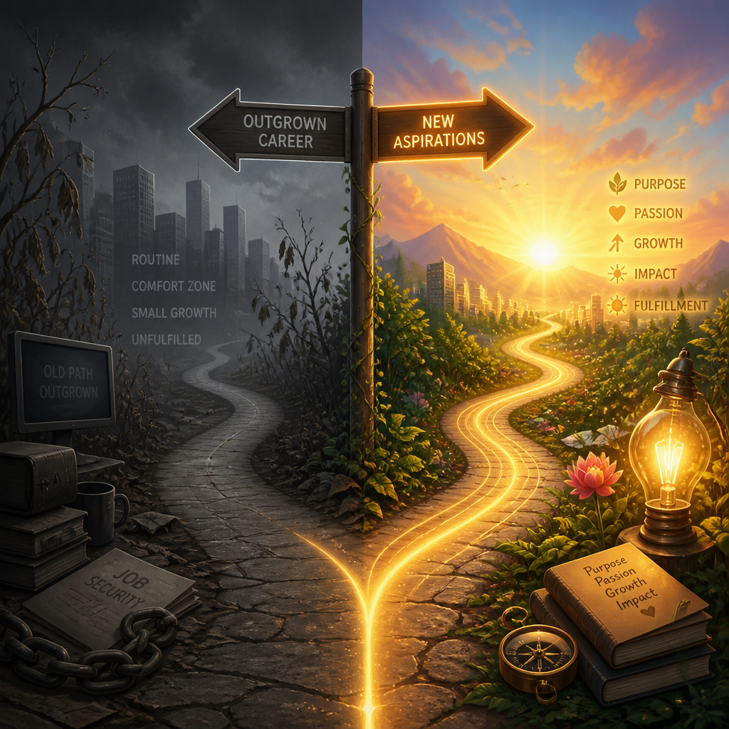Abstract visual metaphor showing career outgrowth and diverging life paths with contrasting colors and directions