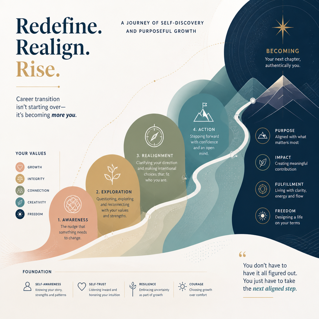 Contemporary infographic showing career evolution, personal values transformation, and professional growth phases