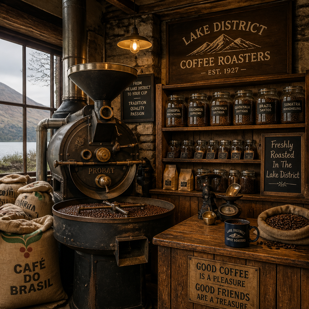 Interior of a vintage coffee roastery with roasting equipment and wooden shelves.