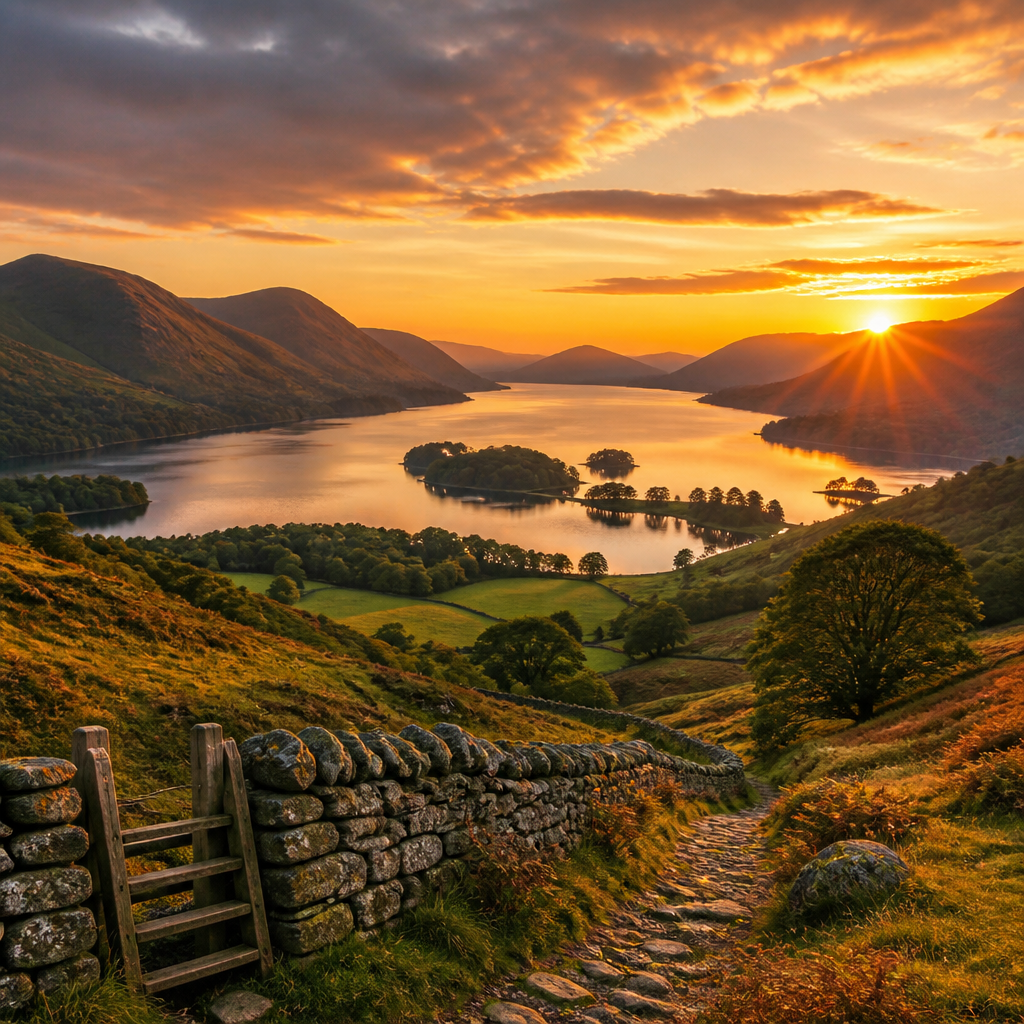 Sunset over the Lake District featuring hills and a lake.