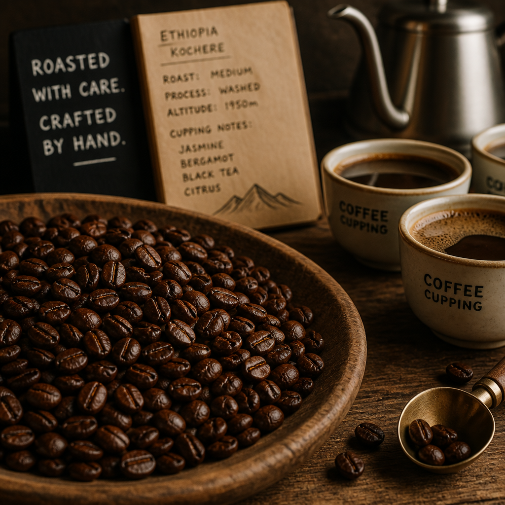 Close-up of roasted coffee beans with a coffee cupping setup.