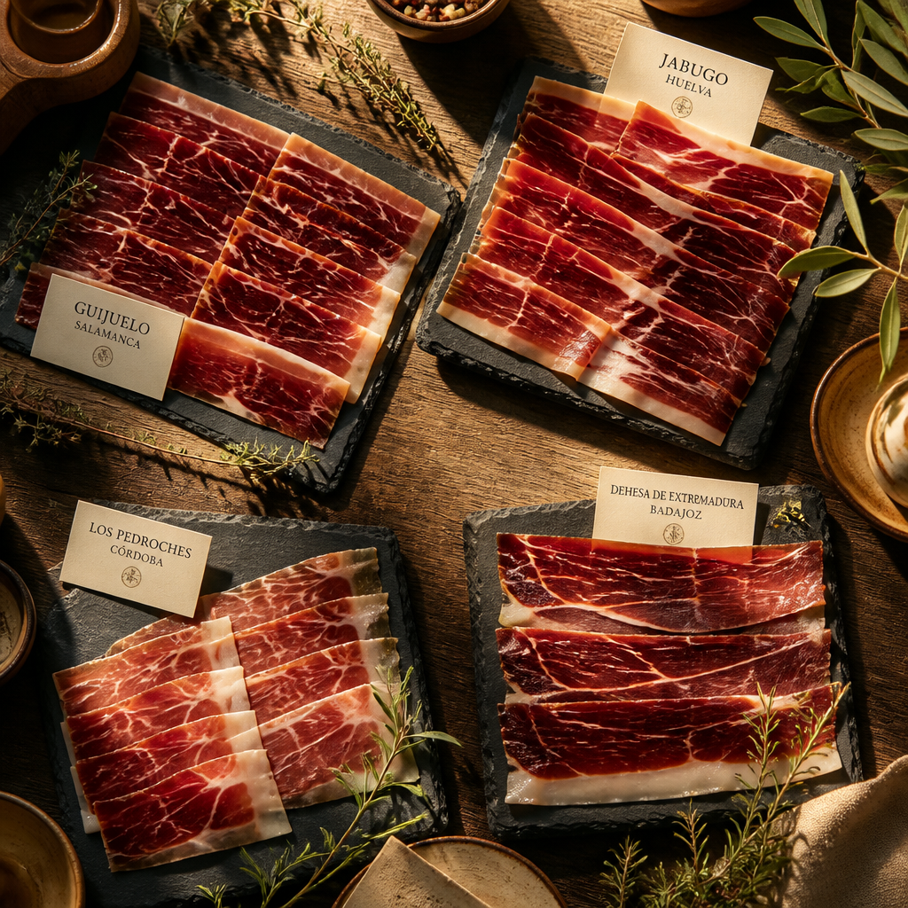 Four distinct cuts of Iberian ham arranged on slate tiles with regional variations in color and marbling