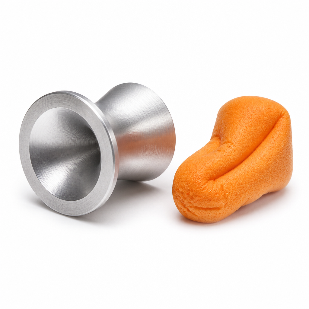 Macro comparison of aluminium ear plug body and compressed foam ear plug showing structural differences