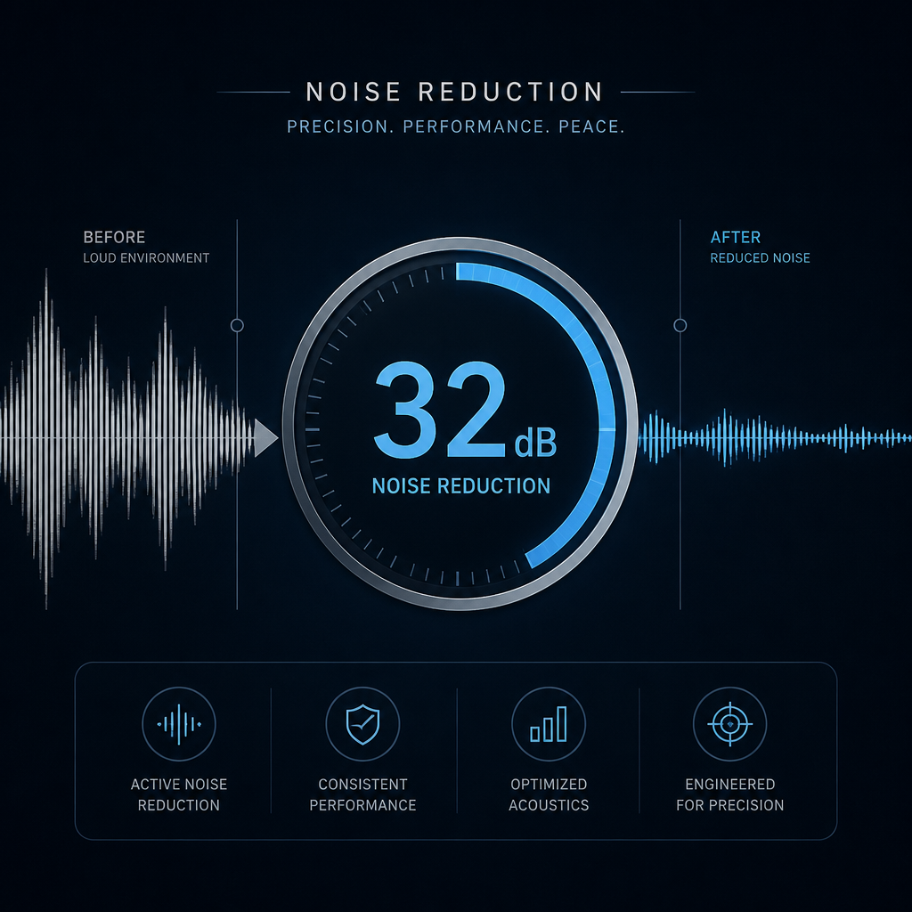 Abstract sound wave visualization representing consistent 32dB noise reduction performance