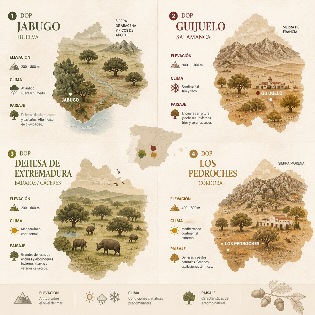 Map illustration of Spain highlighting the four Iberian ham DOP regions with regional topography