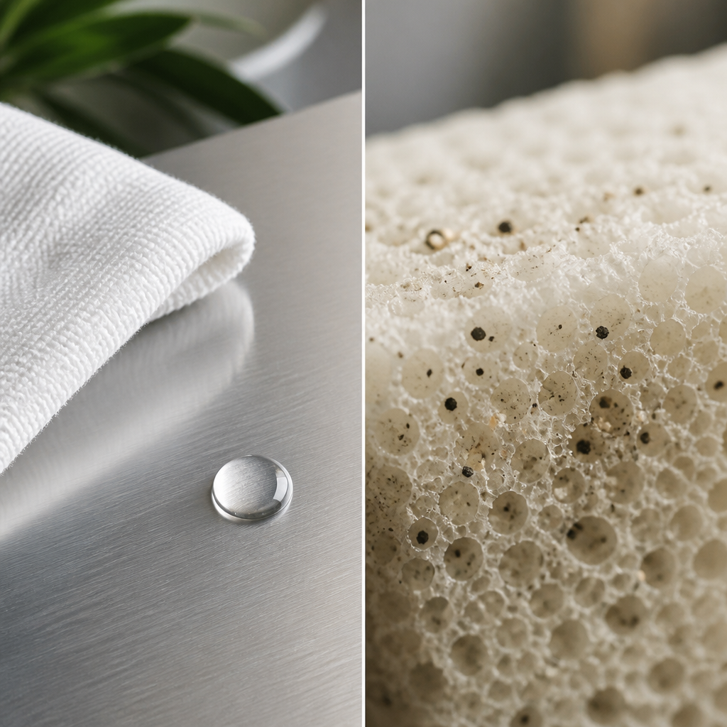 Comparison of non-porous metal surface versus porous foam material highlighting hygiene benefits