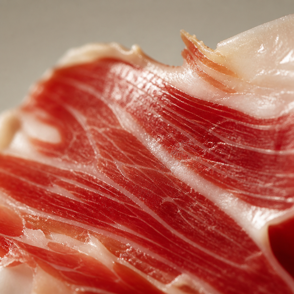 Macro detail of Iberian ham showing characteristic fat marbling and cured meat texture