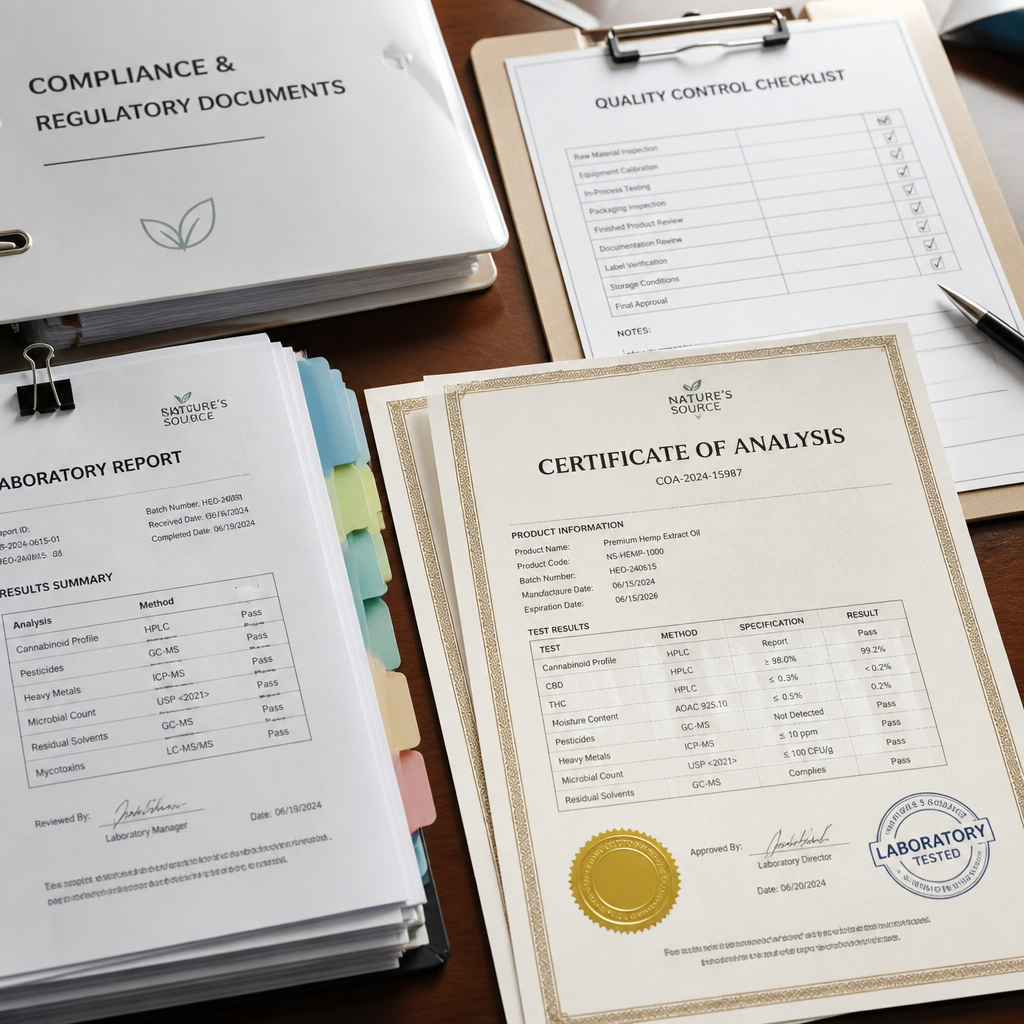 Organized laboratory documentation, certificates of analysis, and quality control records