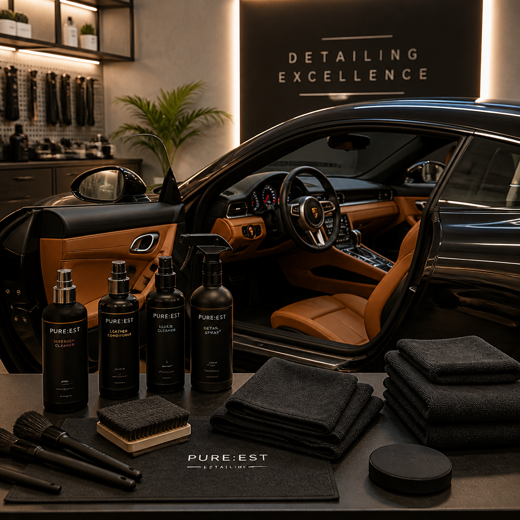 Professional detailing workspace with luxury car interior details and specialized cleaning supplies