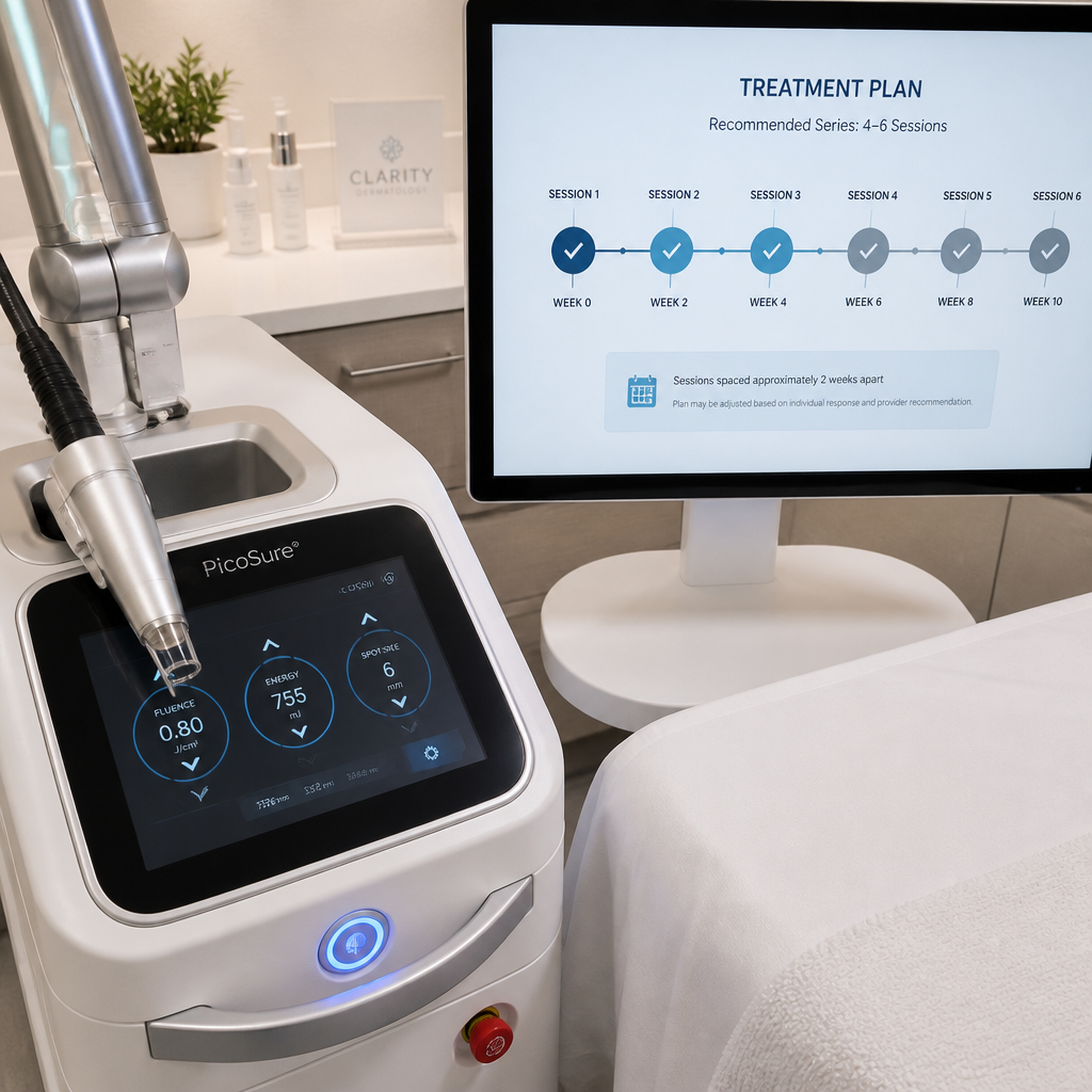 Medical laser tattoo removal device in a clinical clinic with session timeline displayed on screen