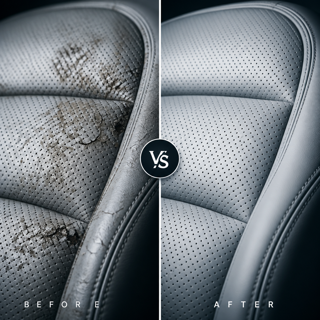 Before-and-after visual comparison of damaged versus professionally restored perforated leather