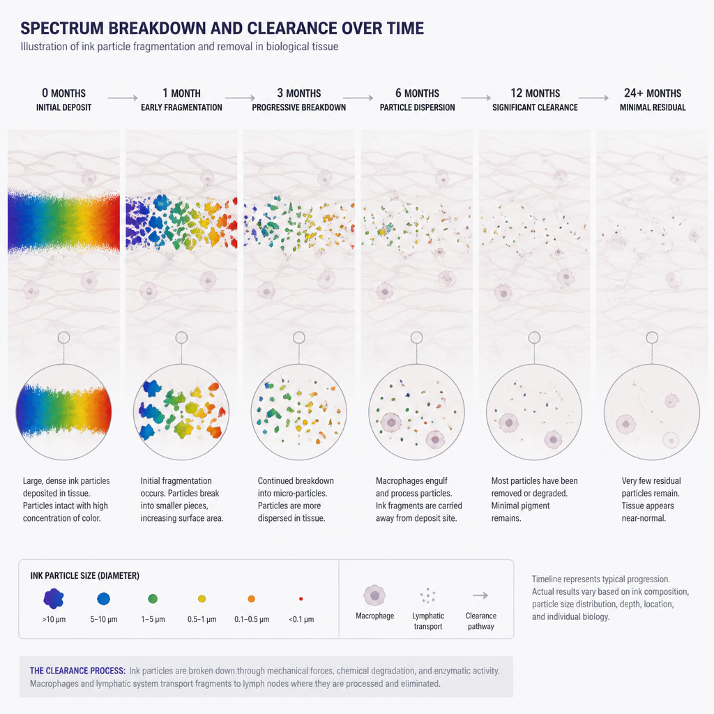 Abstract visualization of ink particles fragmenting and dispersing through a removal timeline