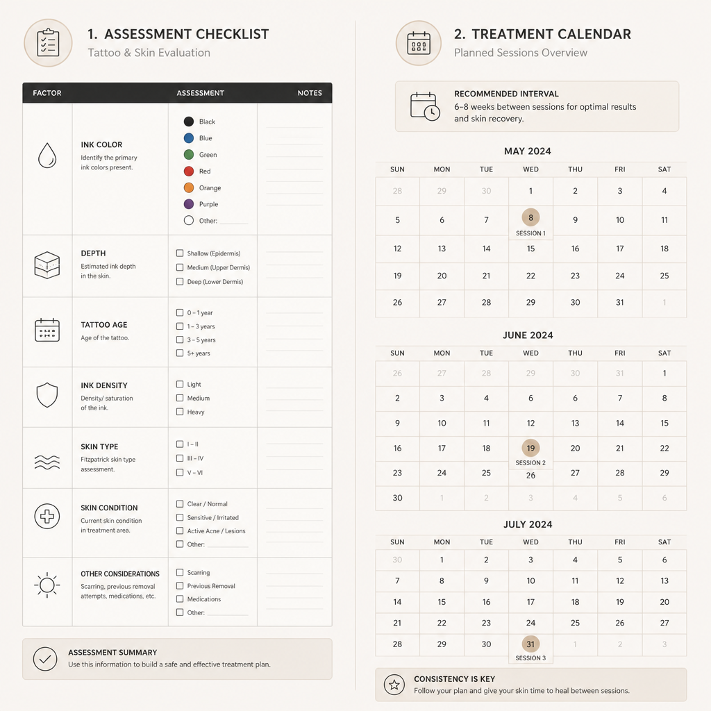 Assessment checklist and multi-week session calendar representing tattoo removal planning and timeline