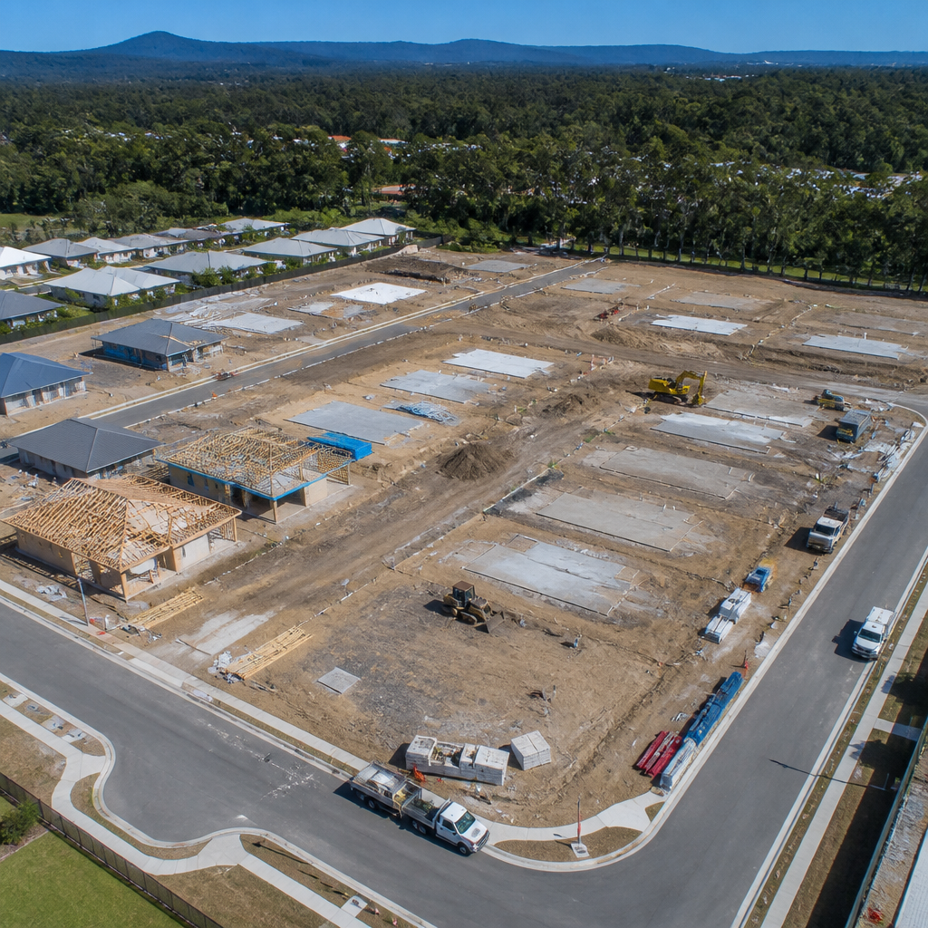 Aerial view of a multi-lot housing estate under construction showing subdivided blocks at different completion stages