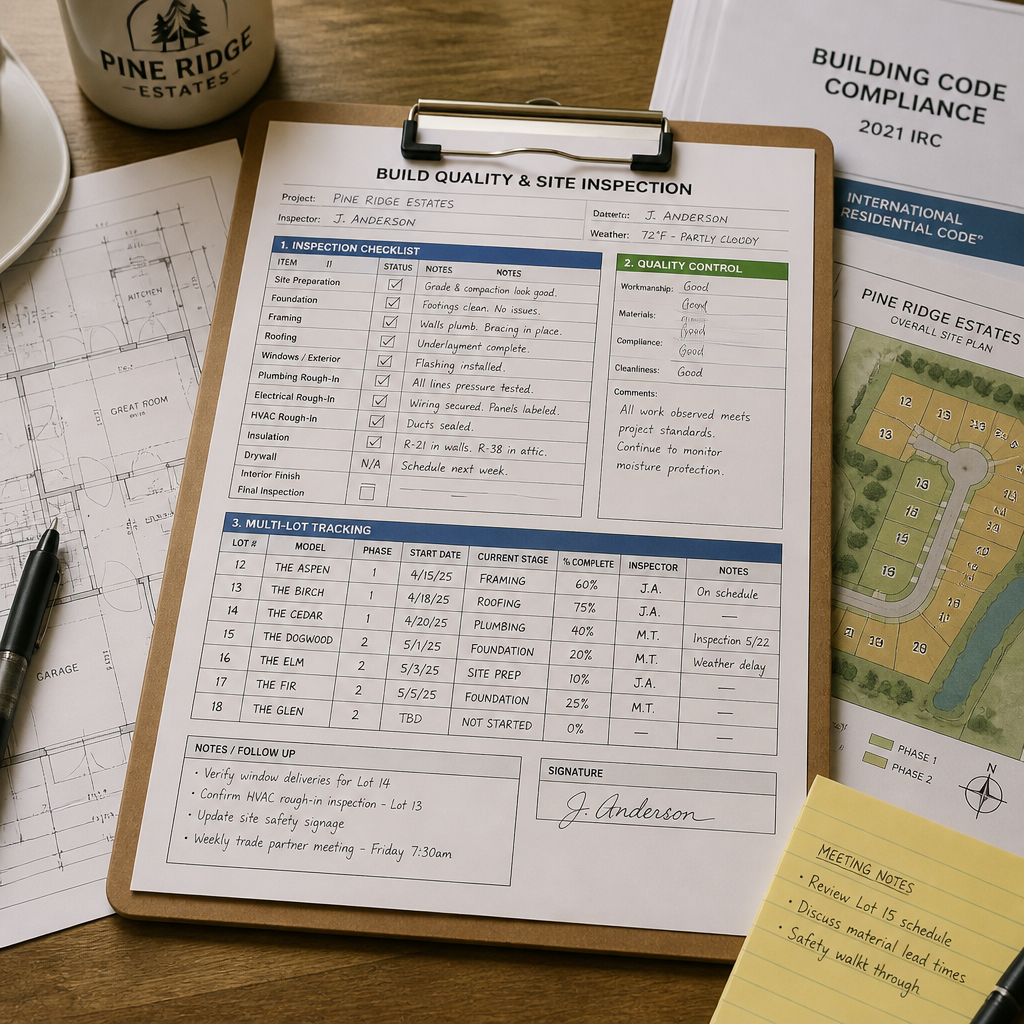 Builder's inspection clipboard and quality control documentation on a workbench with development plans