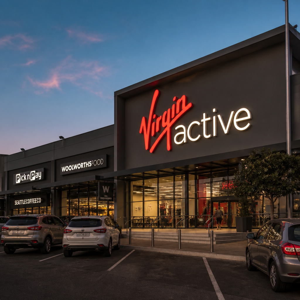Illuminated 3D channel letter signs on a shopping centre storefront at dusk