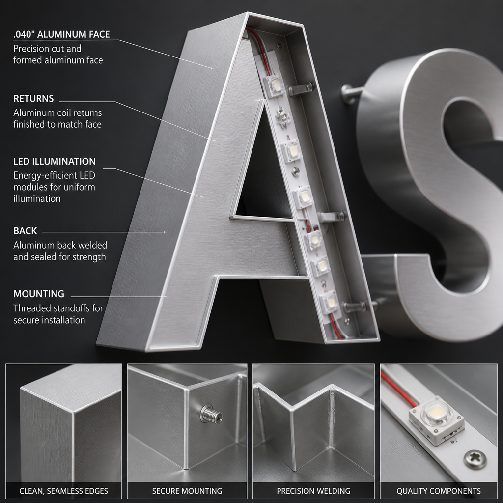 Detailed view of hollow 3D channel letter construction and metallic finish