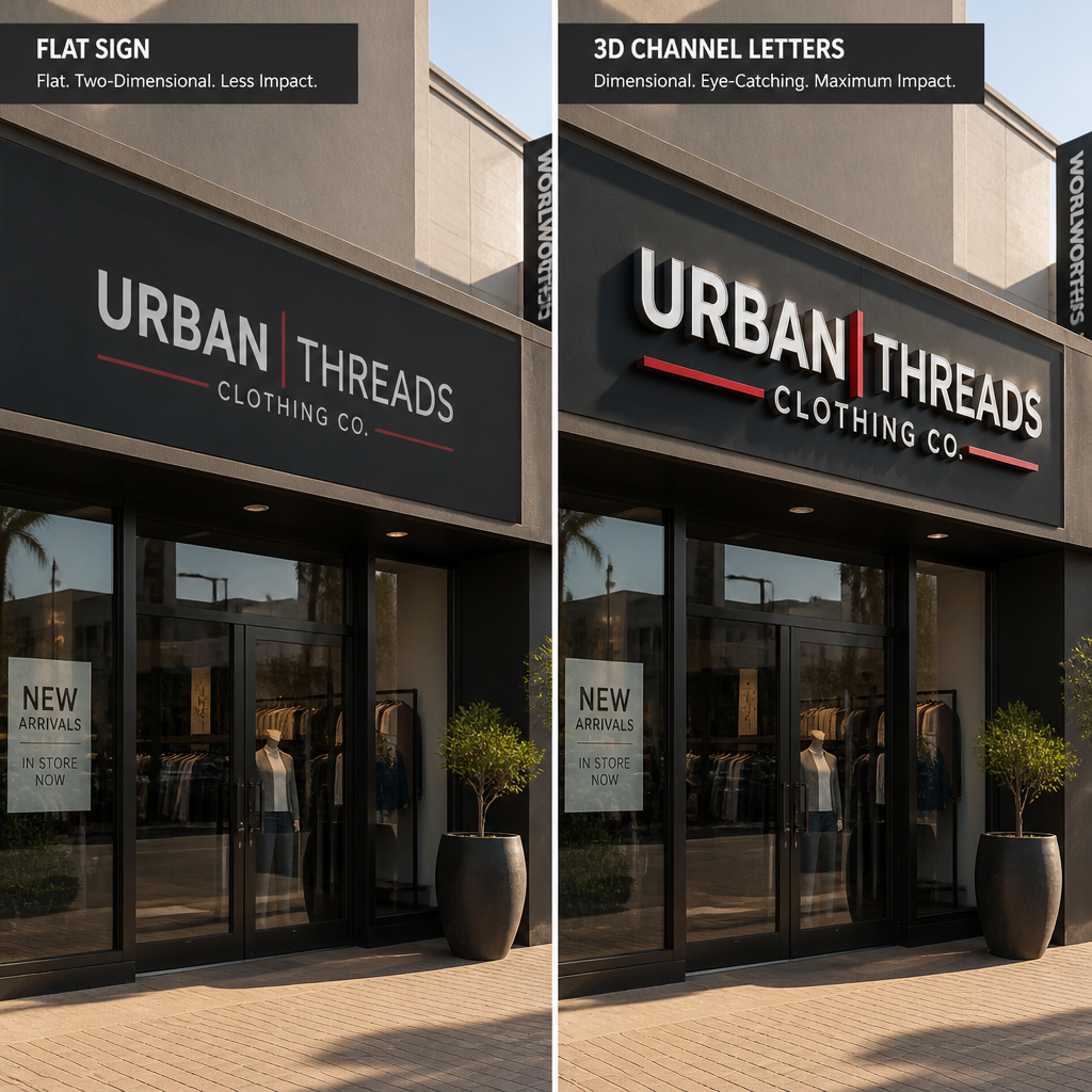 Side-by-side comparison of flat printed signage versus 3D channel letter storefront signs