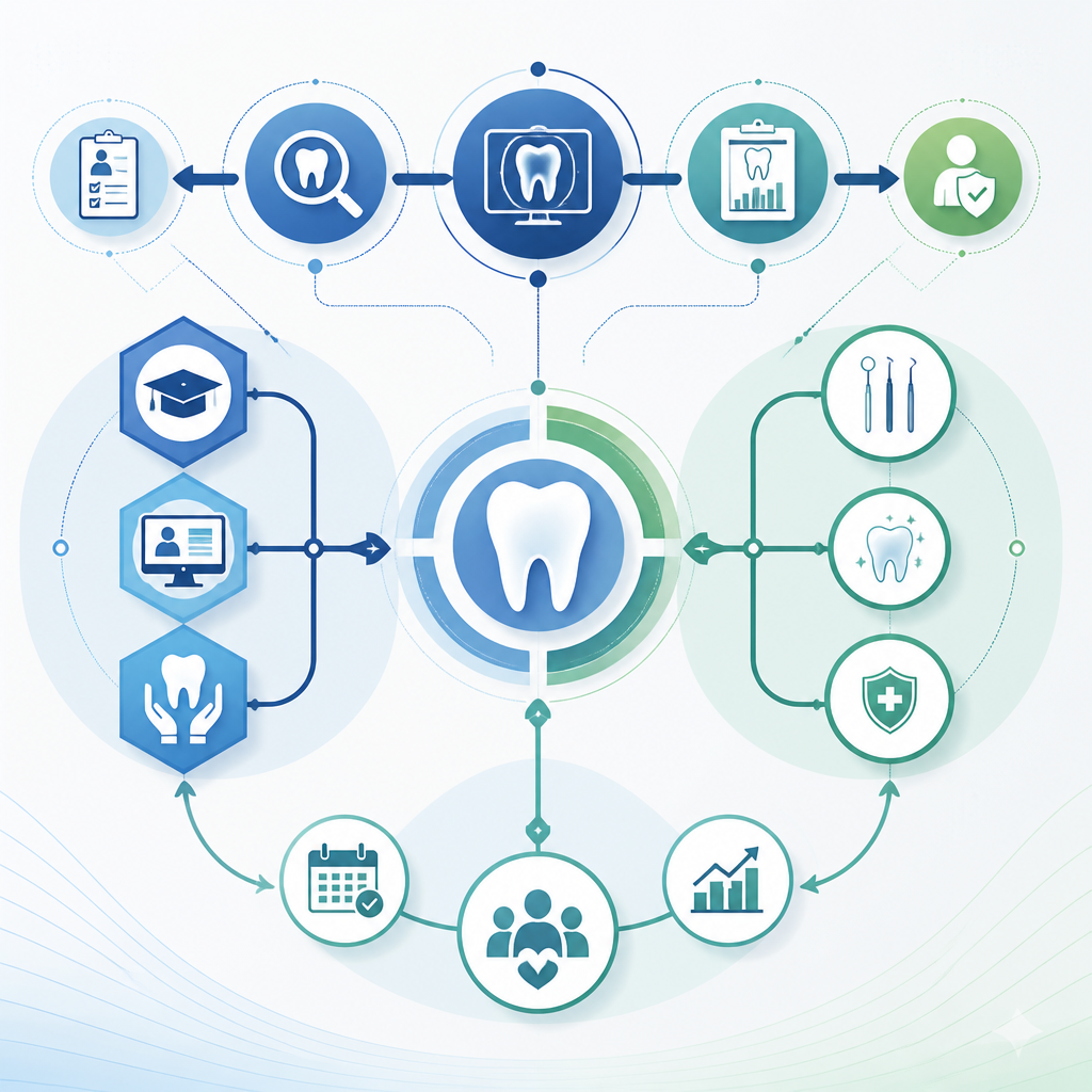 Abstract diagram representing oral health care delivery workflow and assessment stages