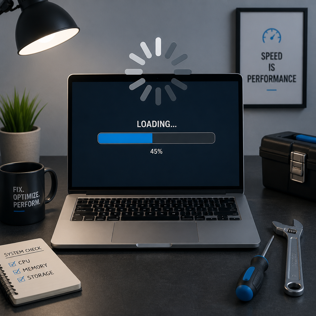 Bærbar computer med langsomme ydelses-indikatorer og reparationsværktøj