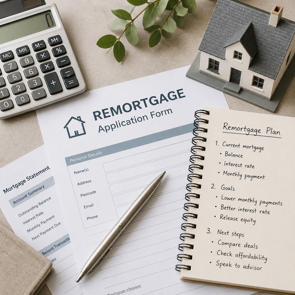 Flat lay composition of mortgage planning documents, calculator, and house model on desk