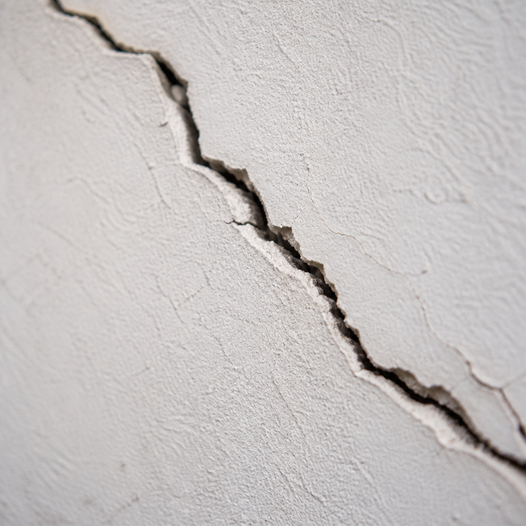 Gros plan d'une fissure diagonale dans un mur blanc, mettant en évidence le mouvement structurel