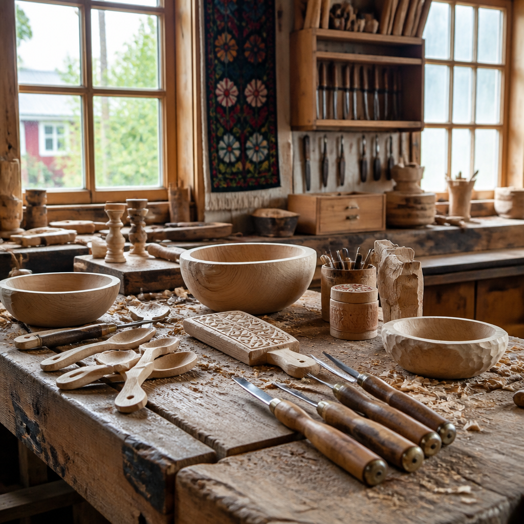 Hantvercells verkstad i Dalarna med träsniderade föremål och traditionella träbearbetningsverktyg på arbetsbänk