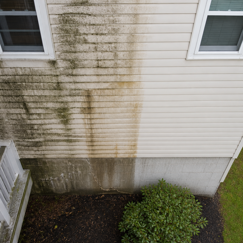 Home siding showing water damage and mold growth from incorrect exterior cleaning method