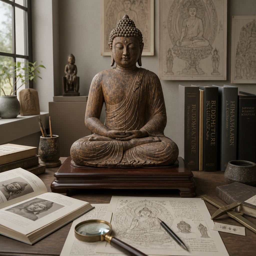 Collector's workspace with wooden Buddha statue and research materials