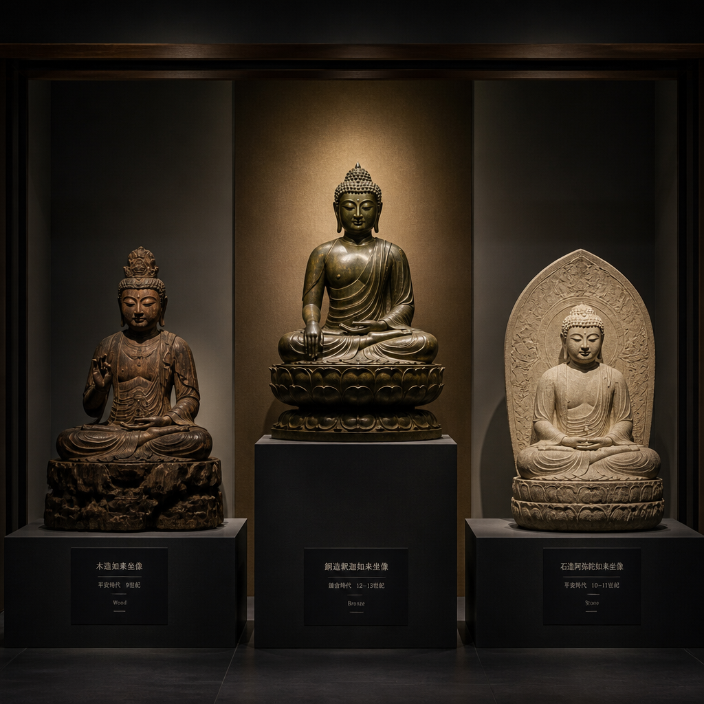 Three Japanese Buddha statues displaying different periods and materials