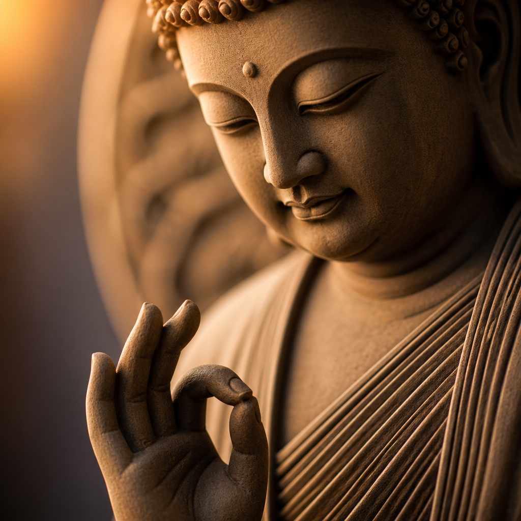 Detailed carving of Buddha statue features and meditation hand pose