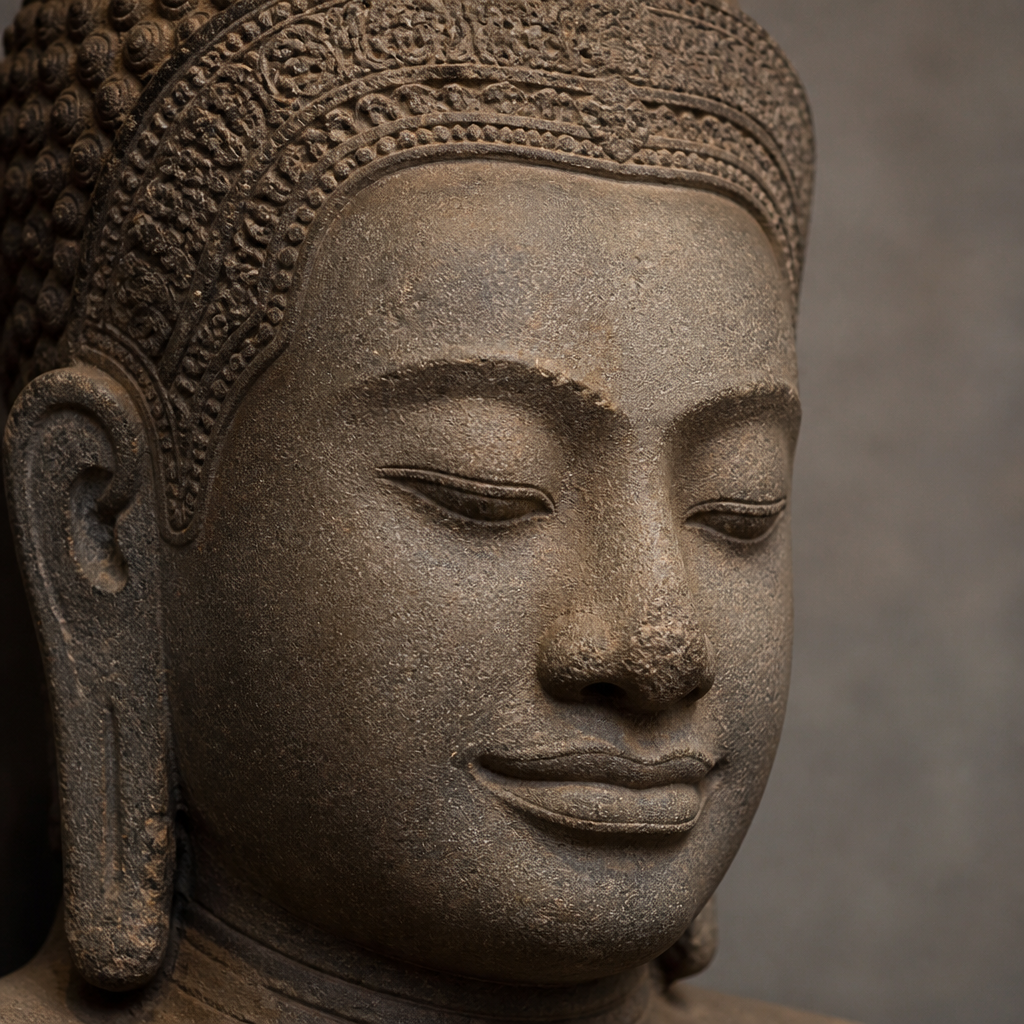 Detail of carved stone Buddha face showing fine Khmer sculptural work