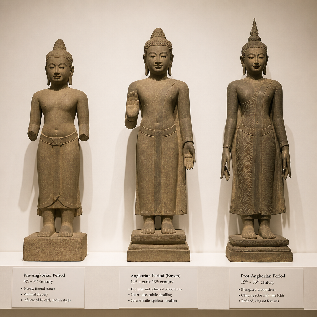 Three different Khmer Buddha statues arranged for style comparison