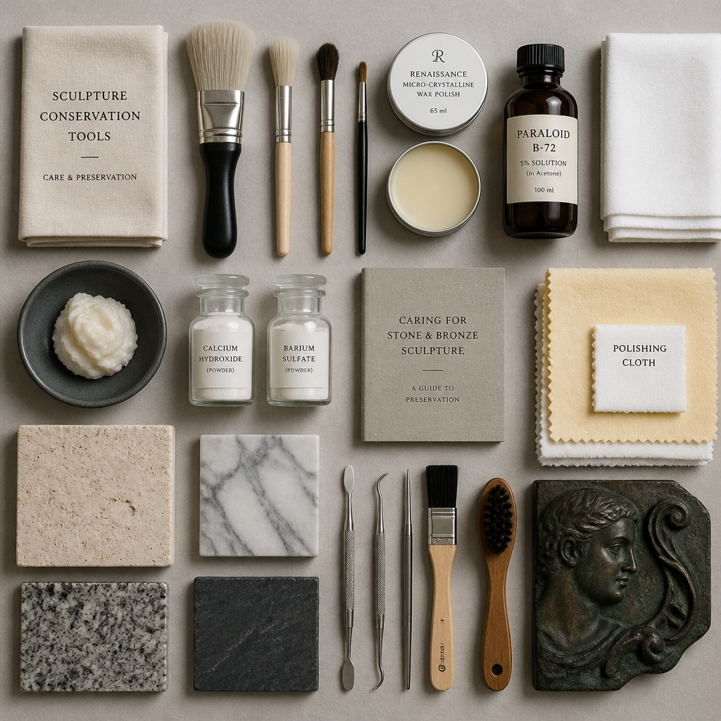Collection of conservation tools and materials for maintaining ancient sculpture