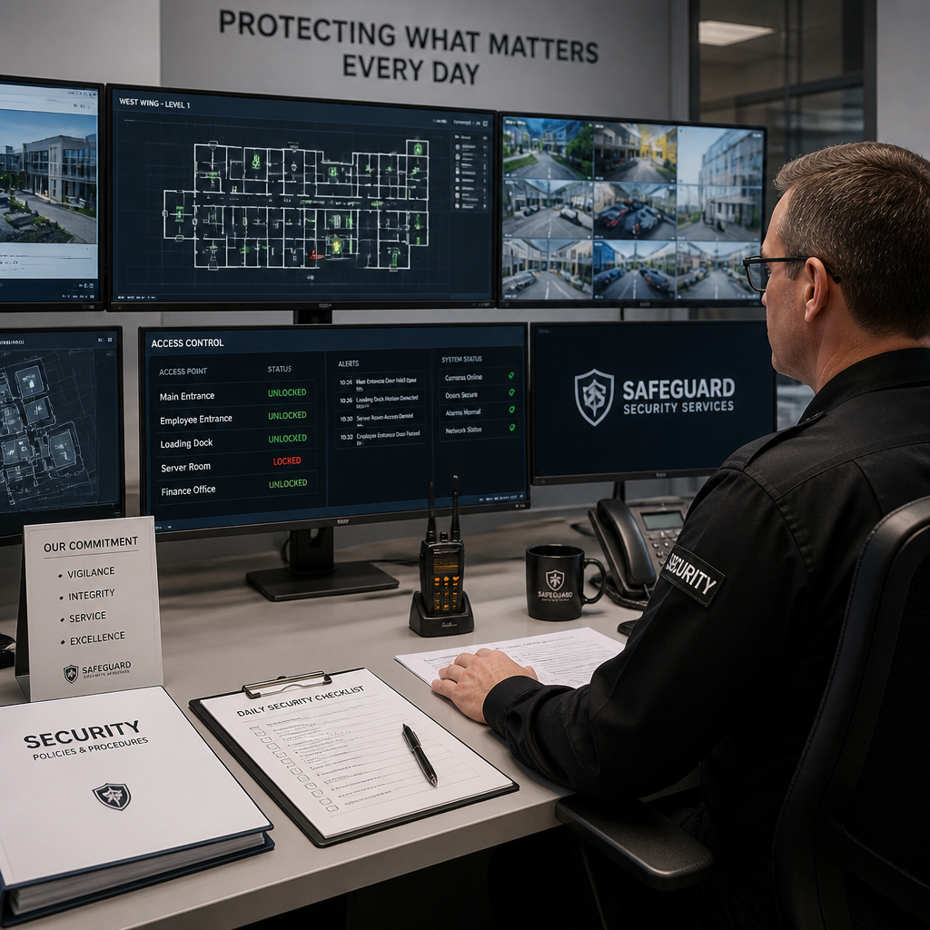 Security control room with monitoring screens and compliance documentation
